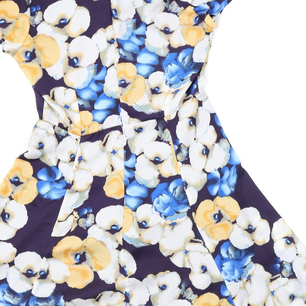 Goldie Womens Blue Floral Polyester Skater Dress Size XS V-Neck Zip