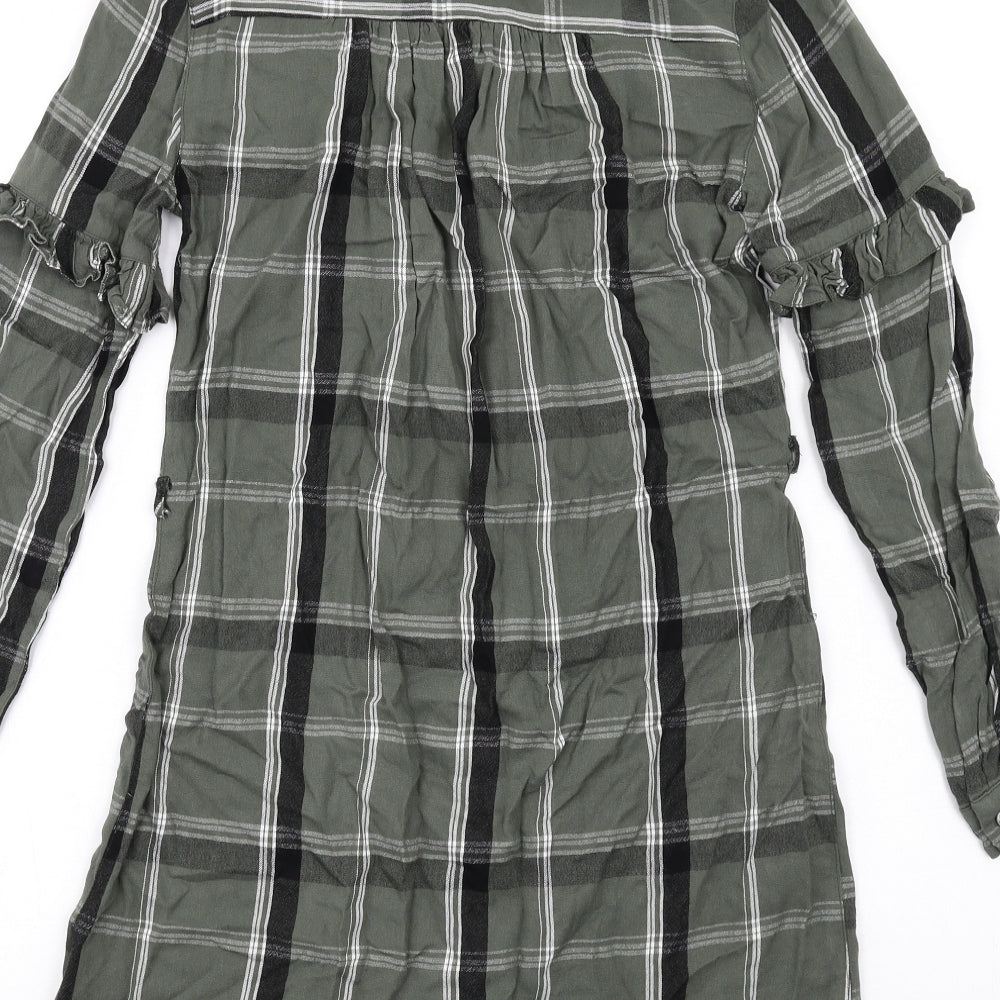 Brand and care label for Miss Selfridge women’s green plaid viscose shirt dress, size UK 8, collared button