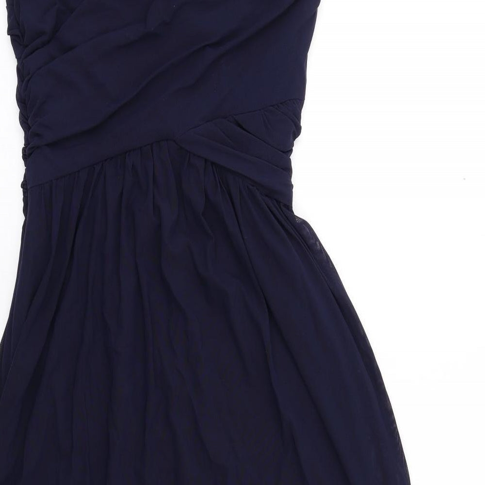 Brand and care label for ASOS women’s blue polyester fit & flare, size UK 10, one shoulder zip