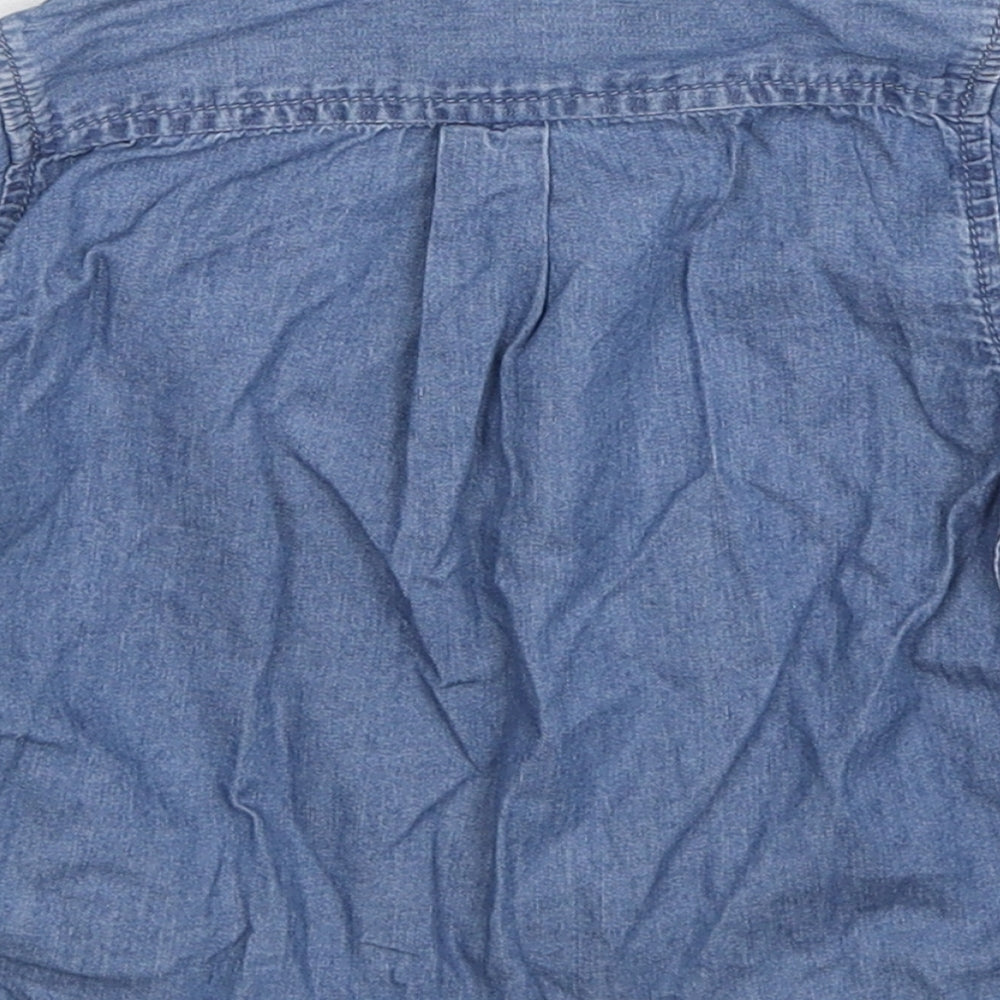 Brand and care label for Chicco girls’ blue cotton basic button-up, size 12-18, months collared snap