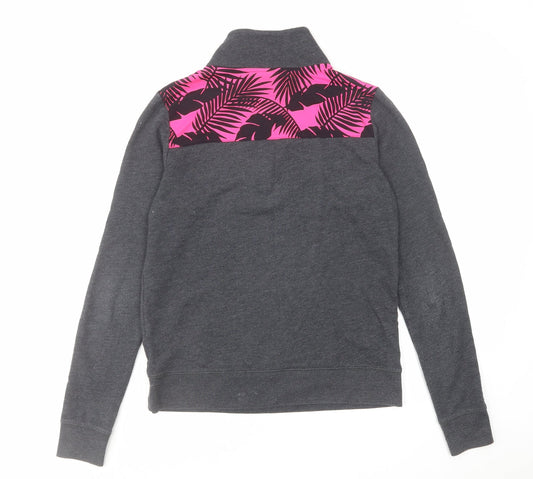 PINK Womens Grey Cotton Pullover Sweatshirt Size XS Zip - Leaf Pattern Detail