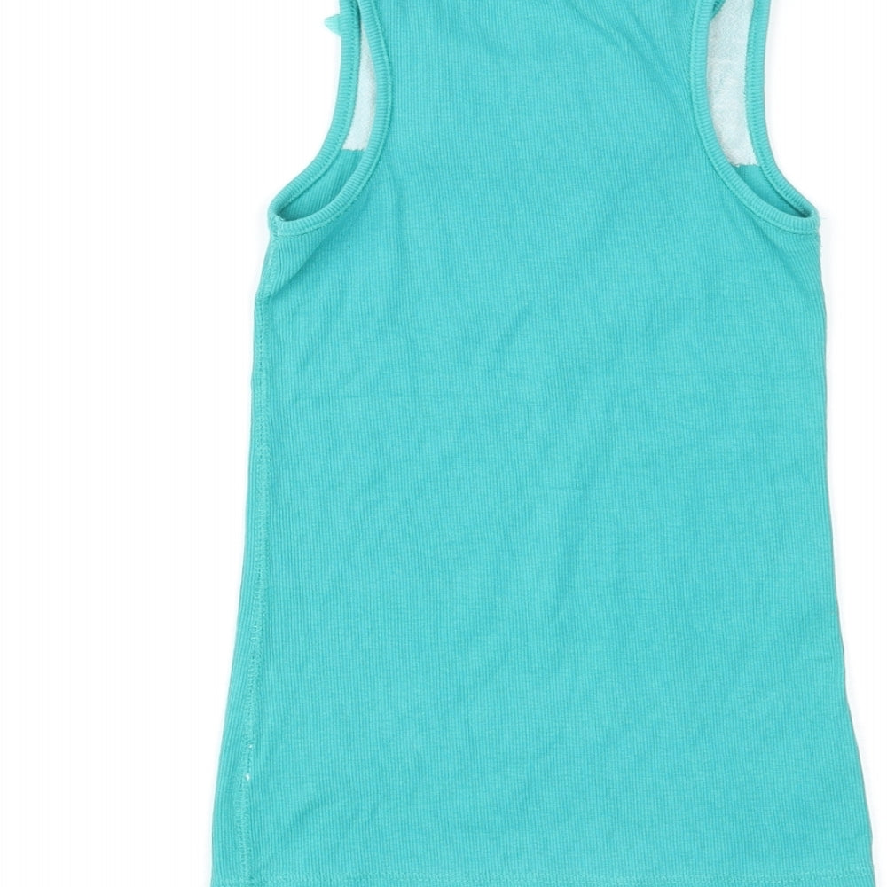 Brand and care label for Next girls’ green cotton basic tank, size 7, years round neck pullover