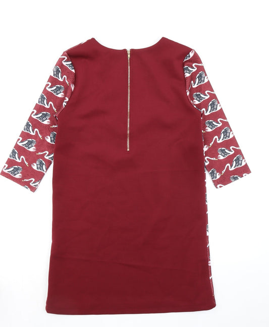 Jaune Rouge Womens Red Geometric Polyester A-Line Size M Round Neck Zip - Swan Pattern