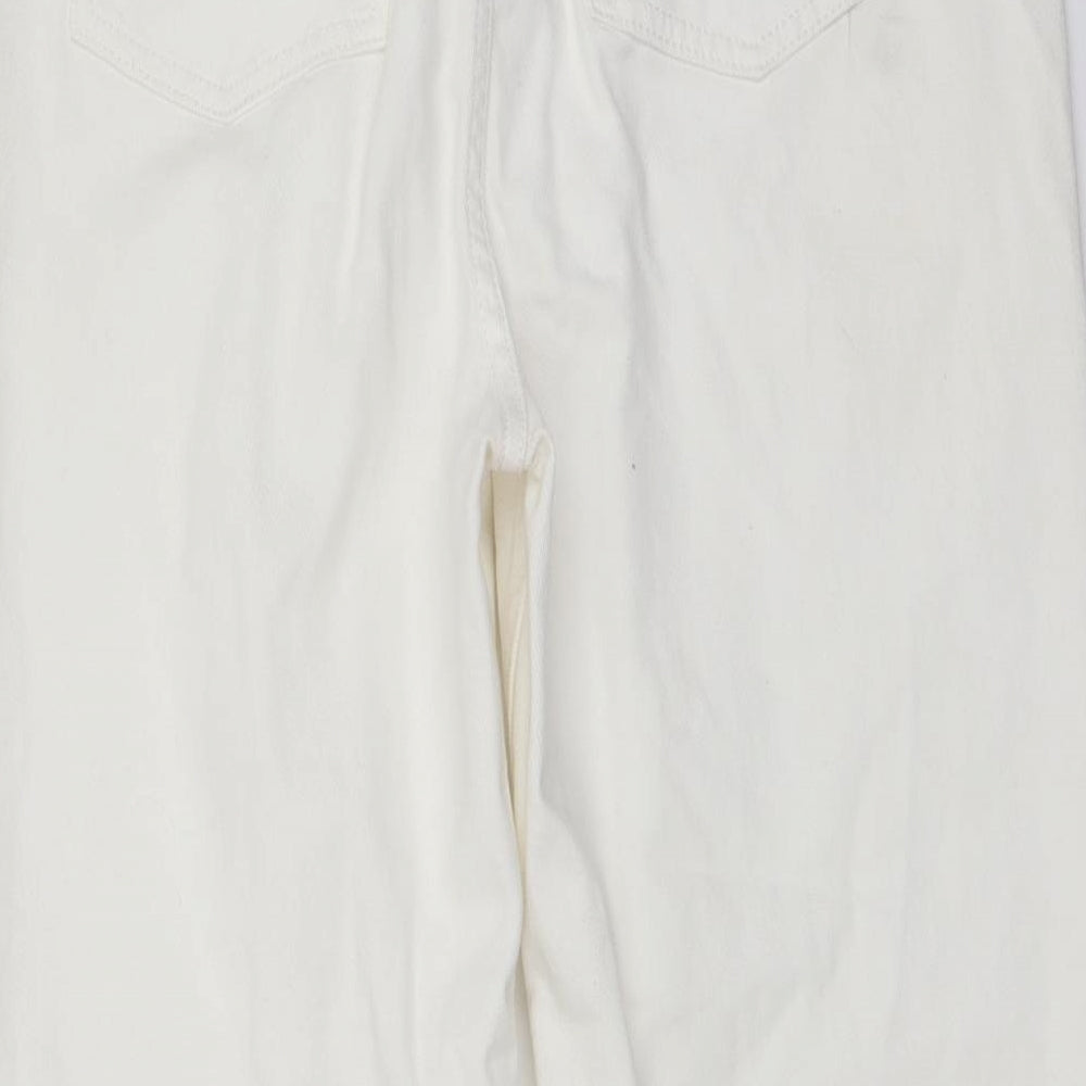 Brand and care label for ASOS women’s ivory cotton straight jeans, size UK 30, in, 25-inch leg regular button