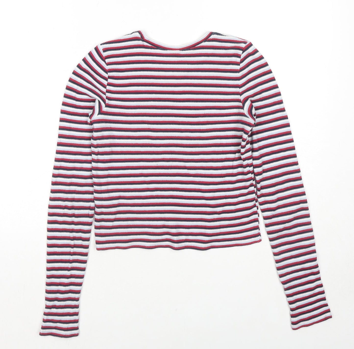 Hollister Womens Red Round Neck Striped Cotton Pullover Jumper Size M