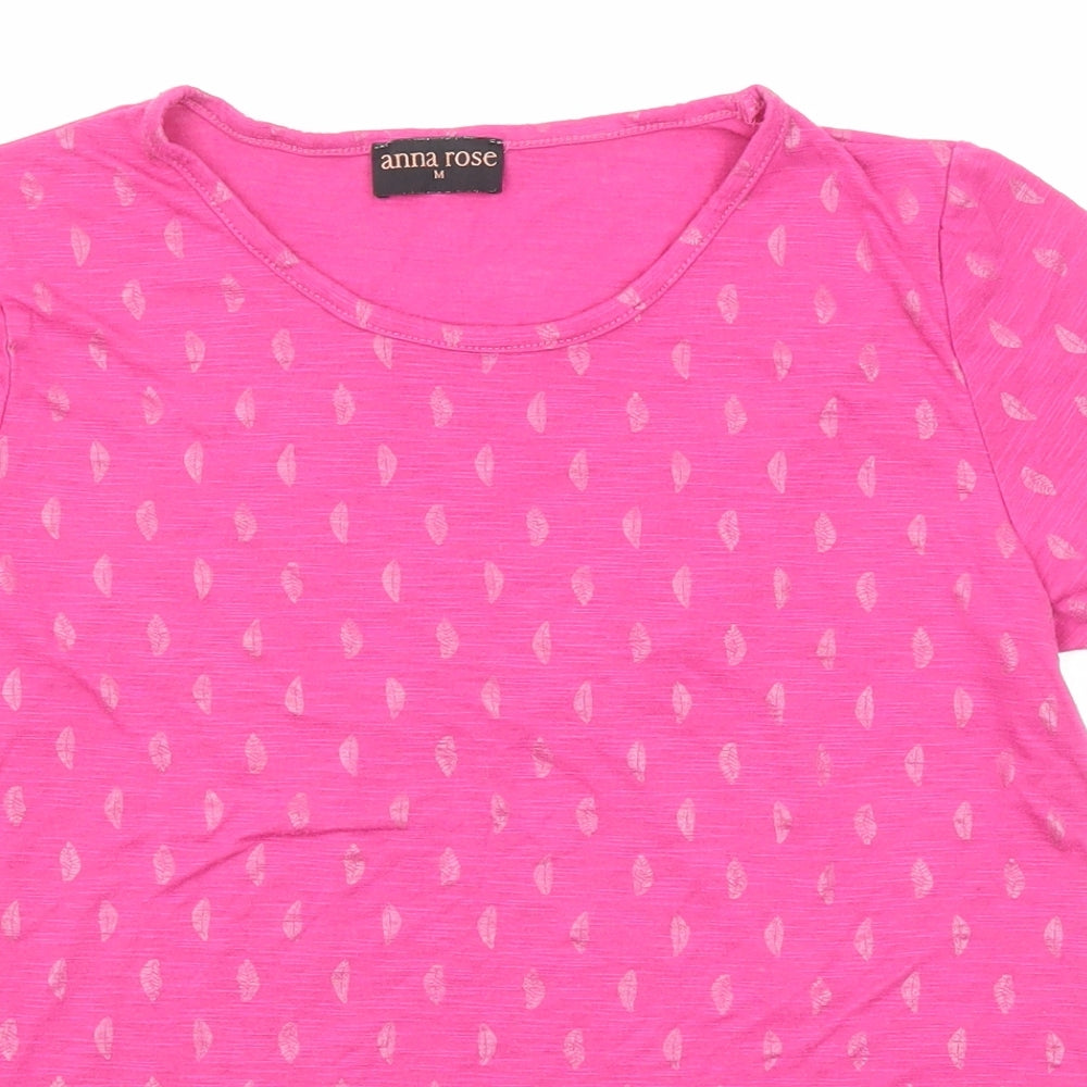 Anna Rose Womens Pink Floral Polyester Basic T-Shirt Size M Roll Neck