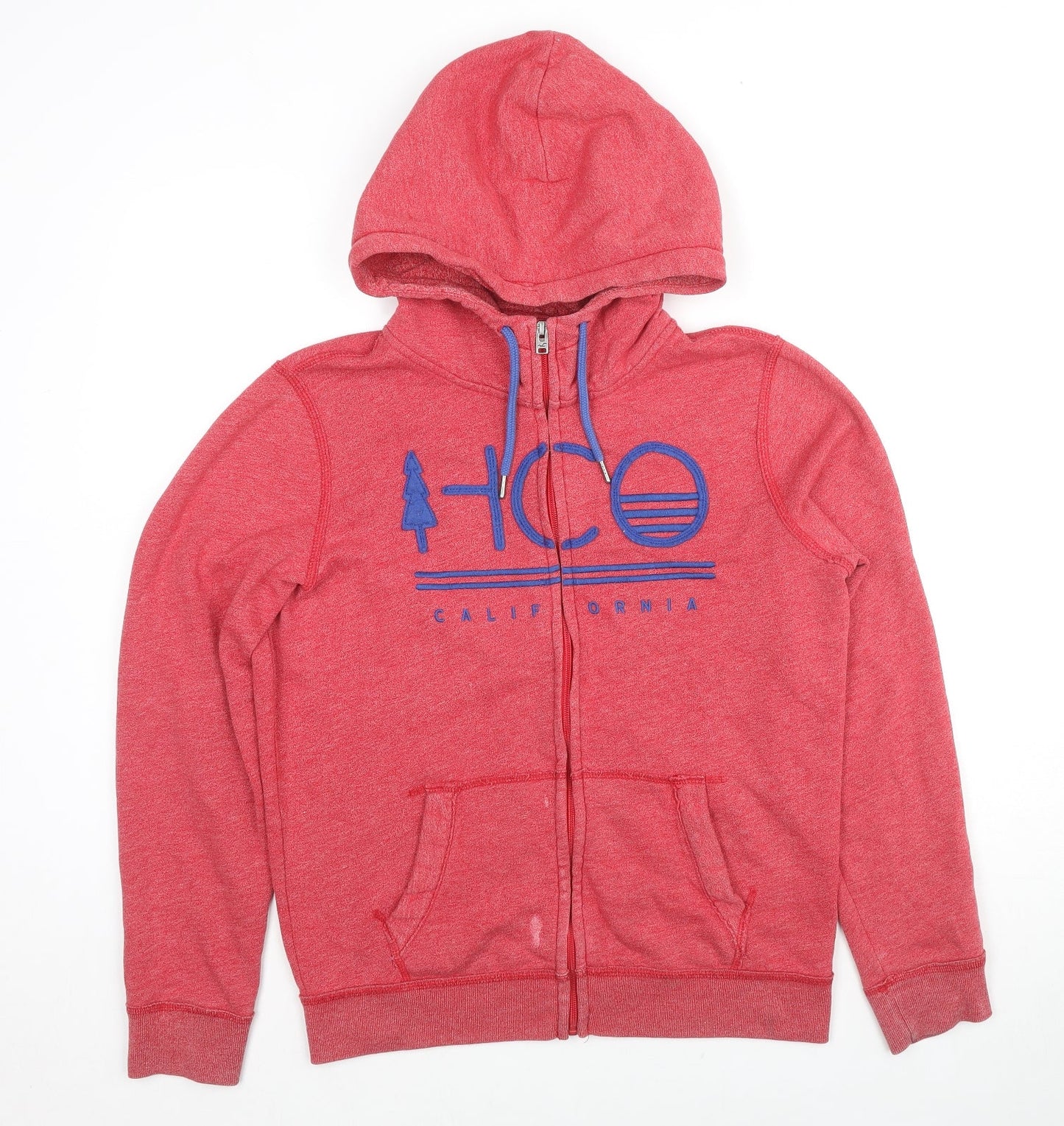 Hollister Mens Red Cotton Full Zip Hoodie Size S - Logo, Pocket, Drawstring
