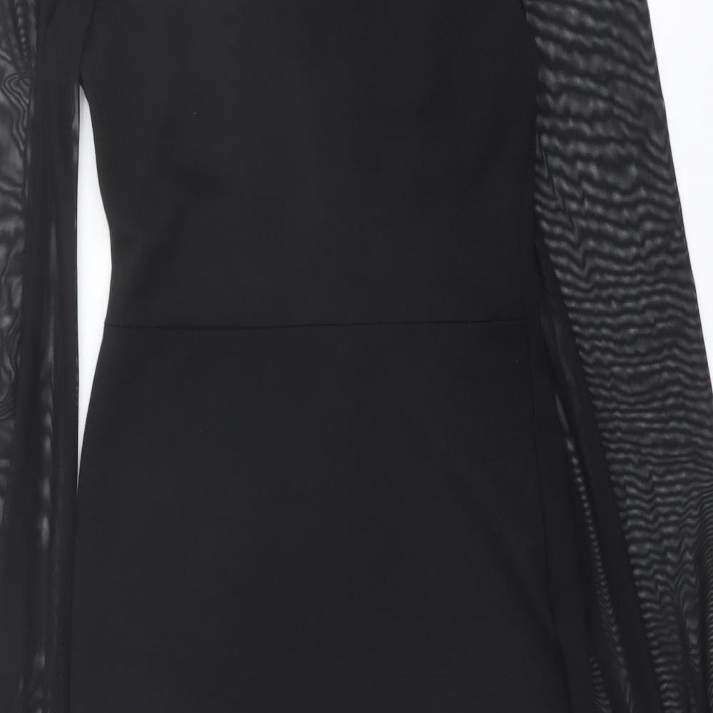 Brand and care label for I SAW IT FIRST women’s black polyester pencil dress, size UK 6, square neck hook & eye