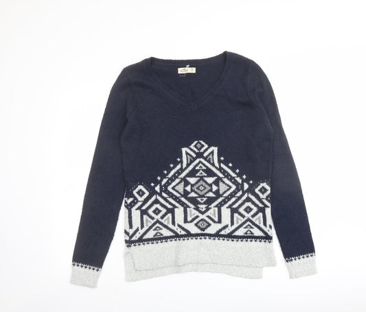 Hollister Womens Blue V-Neck Cotton Pullover Jumper Size M - Geometric Print