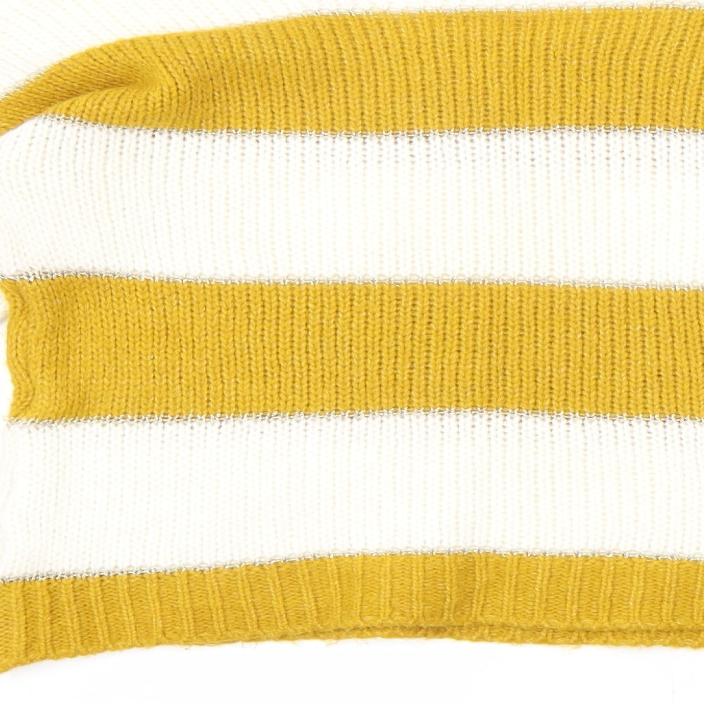 Brand and care label for Isabella D. women’s yellow round neck striped polyester jumper, size S, -, size S-m
