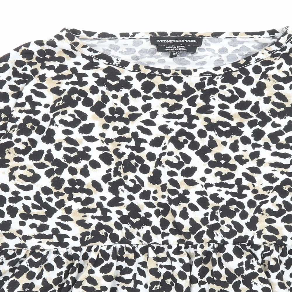 Wednesday's Girl Womens Beige Animal Print Polyester Basic T-Shirt Size M Round Neck - Leopard Print