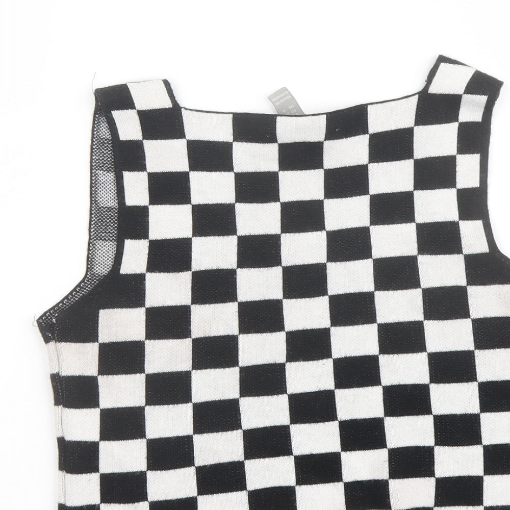 Brand and care label for ASOS women’s black check acrylic cropped tank, size UK 4, square neck