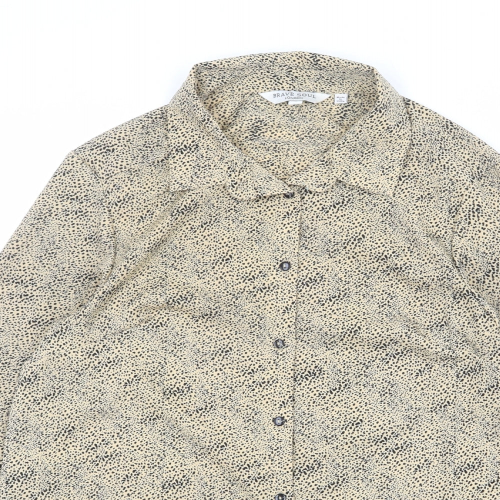 Brave Soul Womens Beige Geometric Polyester Basic Button-Up Size S Collared - Flecked Effect