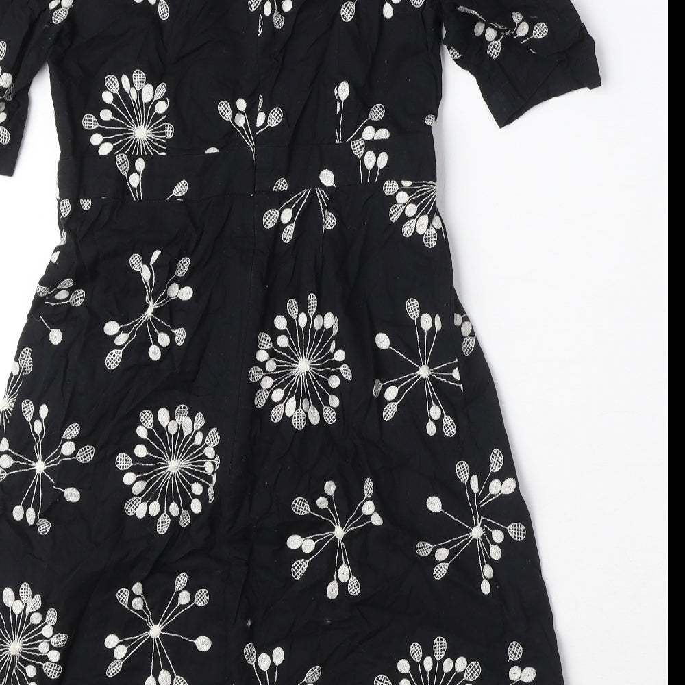 Brand and care label for French Connection women’s black geometric 100% cotton a-line, size UK 8, scoop neck zip