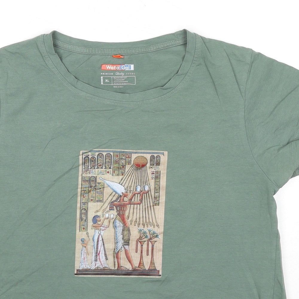 Wat A Gal Womens Green Polyester Basic T-Shirt Size XL Round Neck