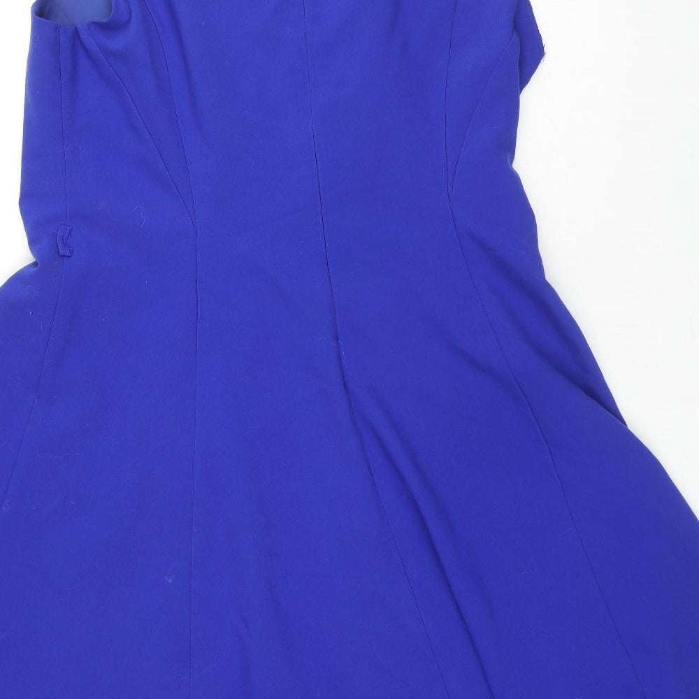 Brand and care label for Principles women’s blue polyester a-line, size UK 12, round neck zip