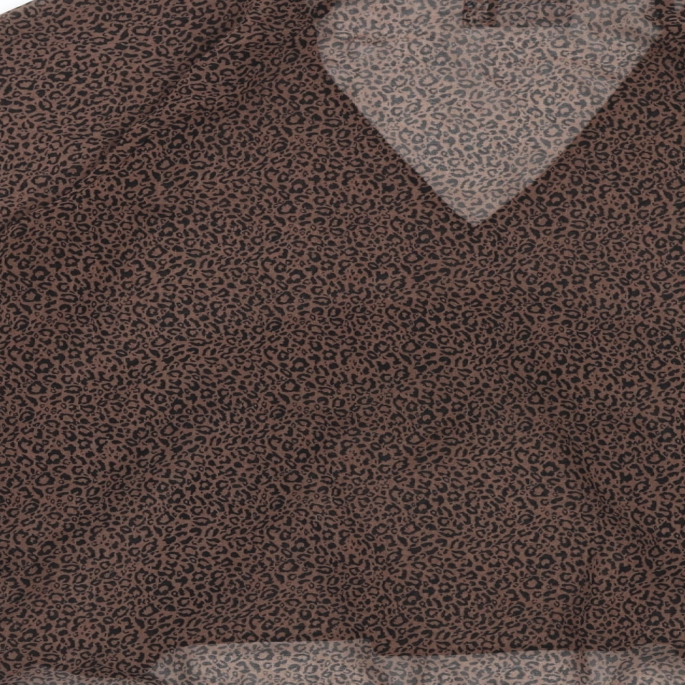Brand and care label for ASOS women’s brown animal print polyester basic blouse, size UK 10, v-neck