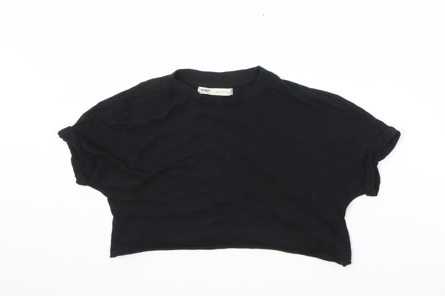 Pull&Bear Womens Black 100% Cotton Cropped T-Shirt Size XS Crew Neck