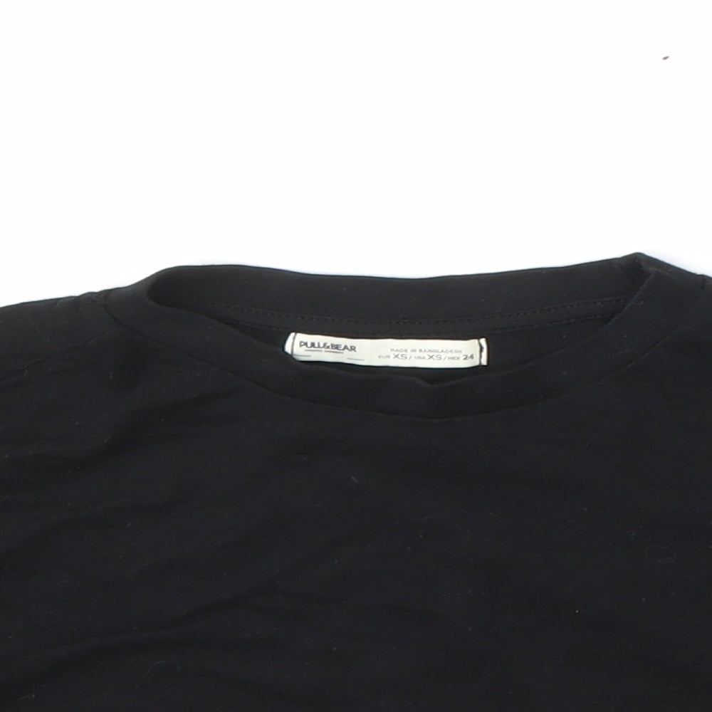Pull&Bear Womens Black 100% Cotton Cropped T-Shirt Size XS Crew Neck
