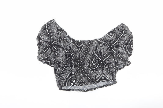 Disney Womens Black Geometric Viscose Cropped Blouse Size XS Square Neck - Mickey Mouse