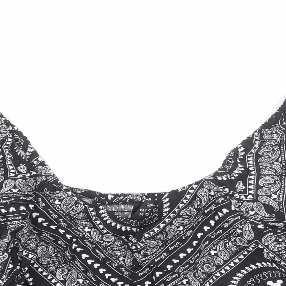 Disney Womens Black Geometric Viscose Cropped Blouse Size XS Square Neck - Mickey Mouse