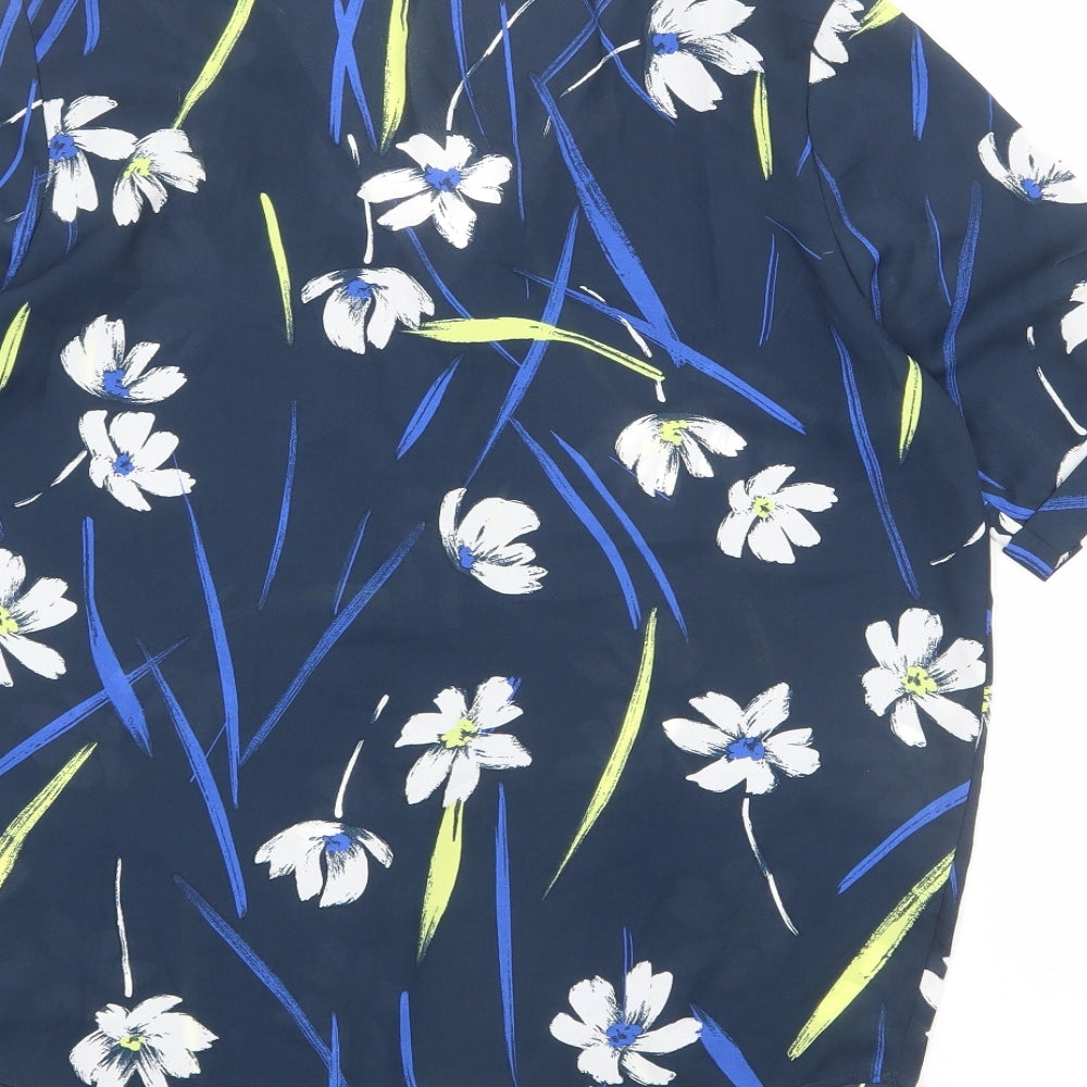 Brand and care label for Jaqueline de Yong women’s blue floral polyester basic blouse, size UK 8, henley - paint flick effect