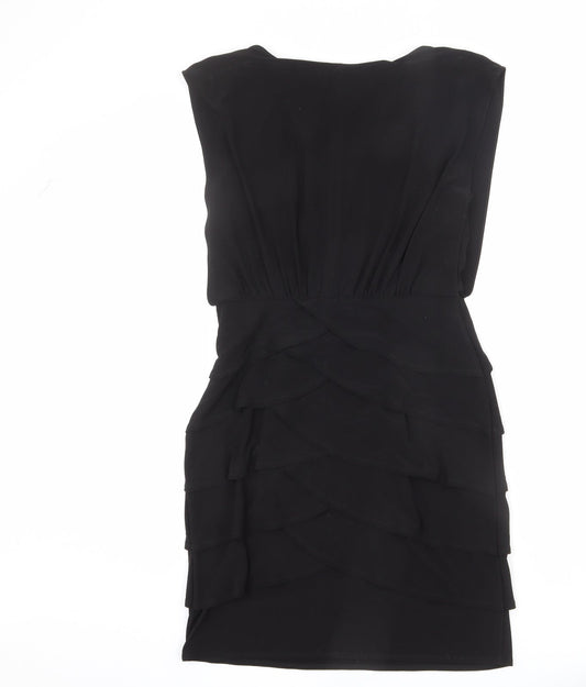 Scarlett Nite Womens Black Polyester Sheath Size 8 Scoop Neck Zip - Tiered, Ruffles