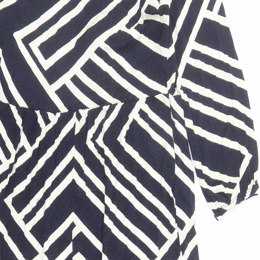 Brand and care label for Roman women’s blue geometric viscose a-line, size UK 10, collared pullover