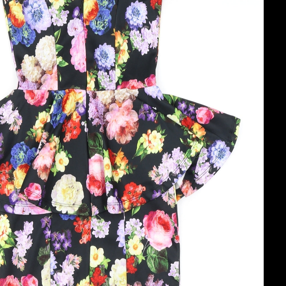 Topshop Womens Black Floral Polyester Bodycon Size 8 Round Neck Zip - Peplum