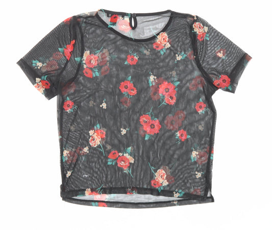 New Look Girls Black Polyester Basic T-Shirt Size 12-13 Years Boat Neck Button - Flowers