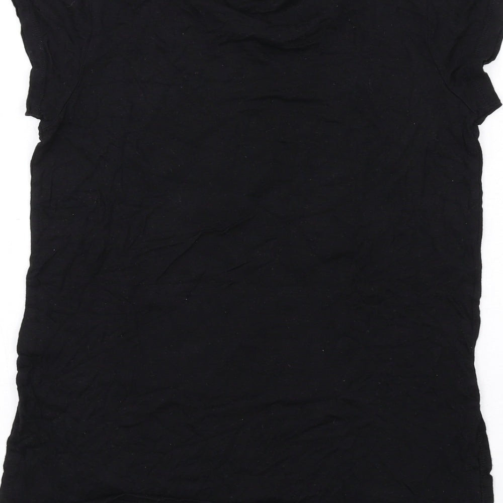 Brand and care label for Bravado girls’ black vinyl basic t-shirt, size 11-12, years round neck pullover - reversible sequins