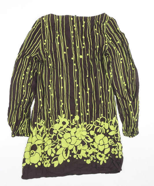 MK Womens Brown Geometric Viscose Tunic Blouse Size 10 Round Neck - Flowers