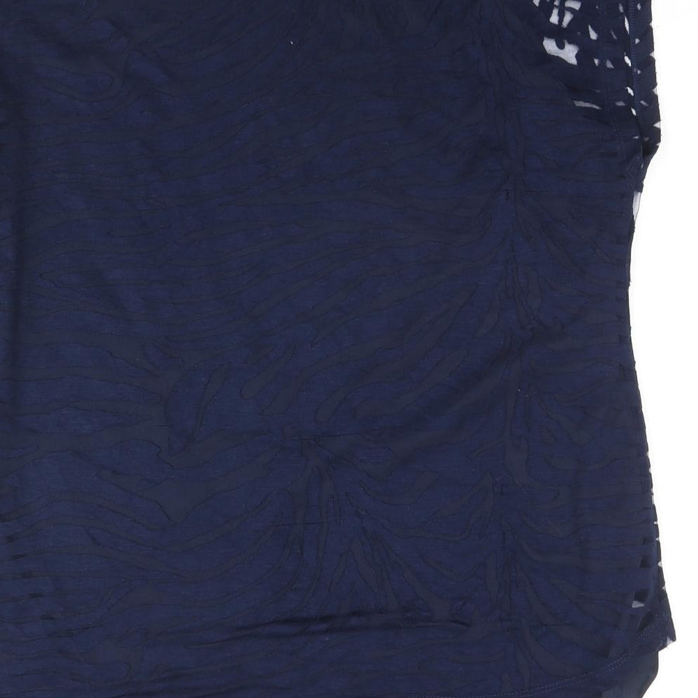 Brand and care label for Soon women’s blue animal print viscose basic blouse, size UK 14, round neck