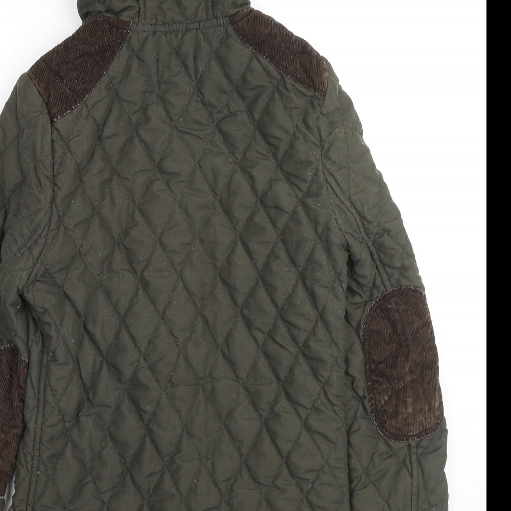 Brand and care label for ASOS women’s green quilted coat, size UK 6, button