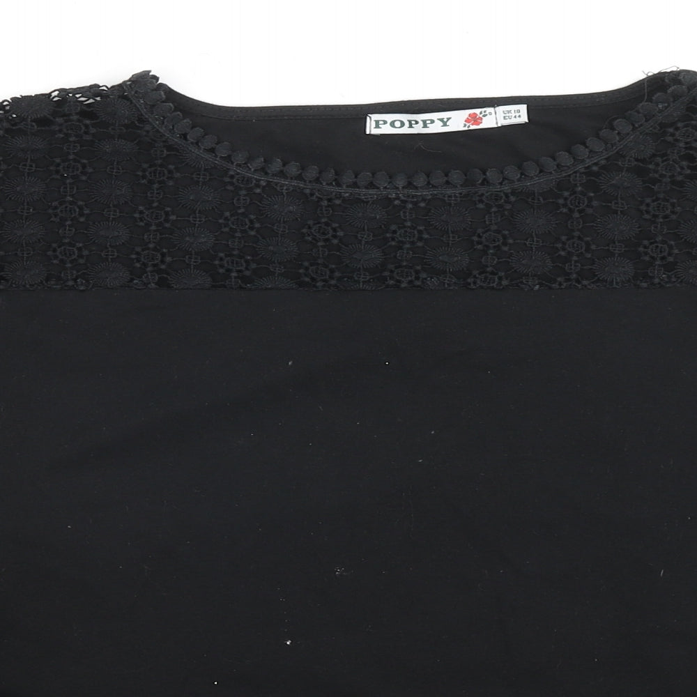 Poppy Womens Black Polyester Basic T-Shirt Size 10 Round Neck - Lace detail