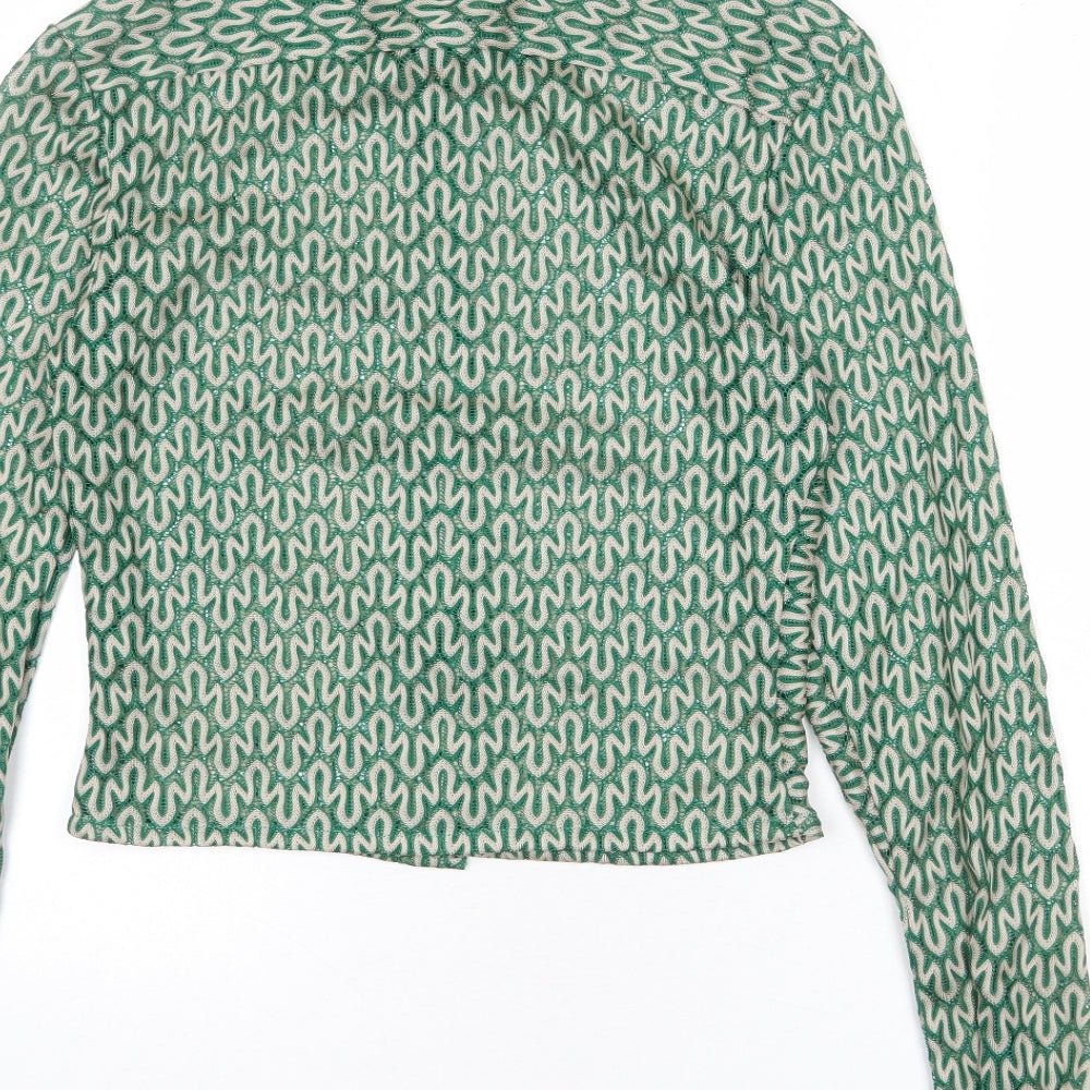 Brand and care label for ASOS women’s green geometric polyester basic button-up, size XS, collared