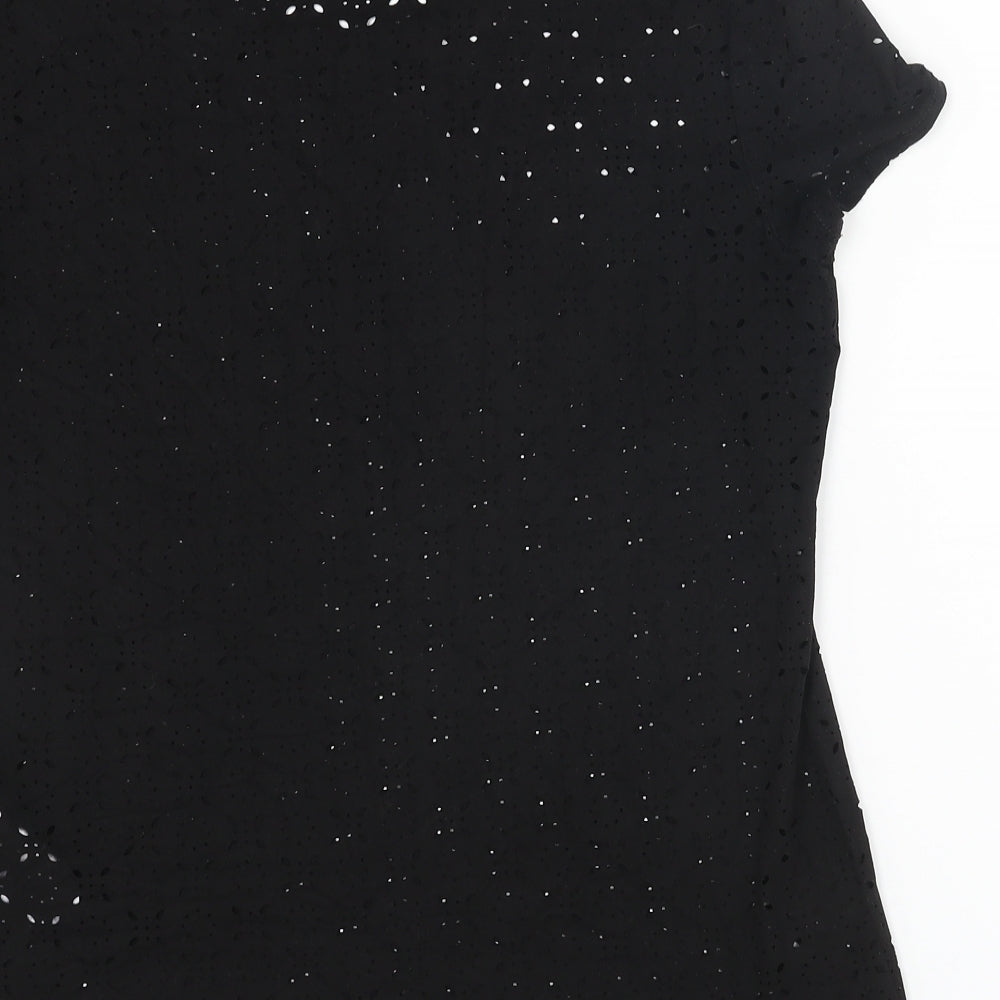 Brand and care label for Only women’s black geometric polyester basic t-shirt, size UK 8, round neck - cut out