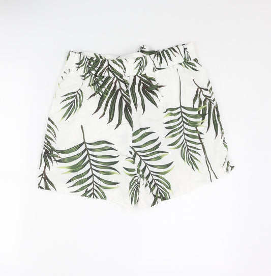 Carolina Belle Womens White Geometric Viscose Paperbag Shorts Size XS L3 in Regular Pull On - Leaf Print Belted