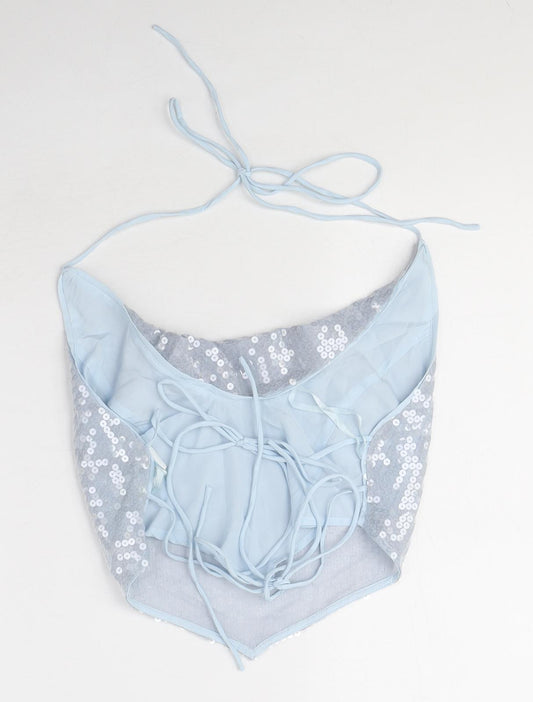 ASOS Womens Blue Polyester Cropped Blouse Size 10 Cowl Neck - Backless, Sequin