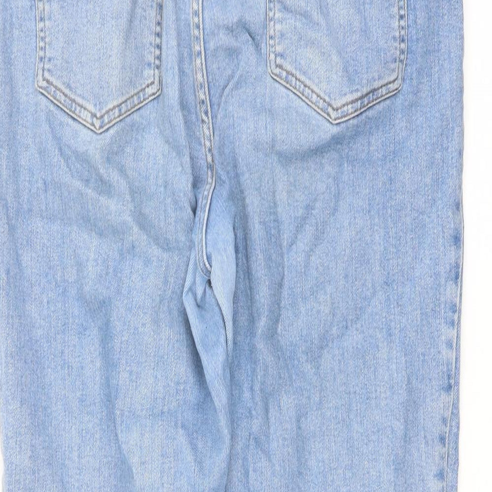 Brand and care label for ASOS women’s blue cotton mom jeans, size UK 35, in, 36-inch leg regular button