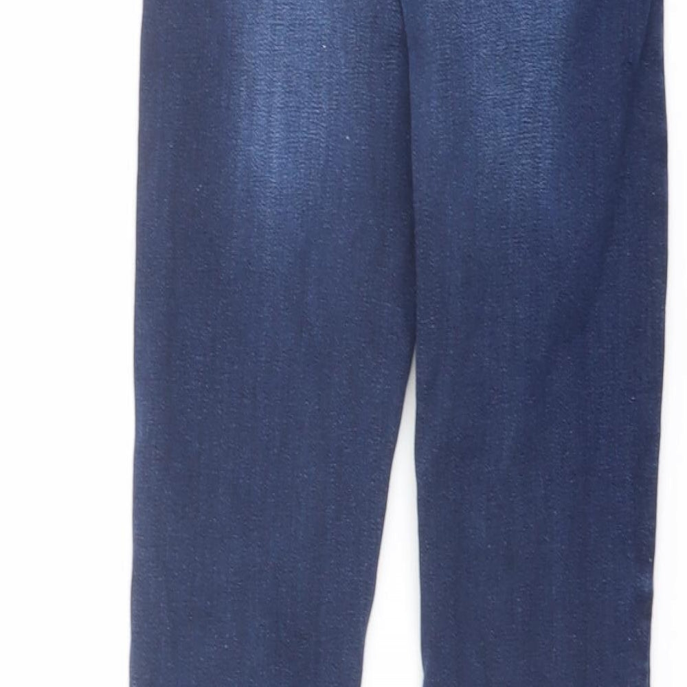 Brand and care label for Next boys’ blue cotton straight jeans, size 9, months regular button