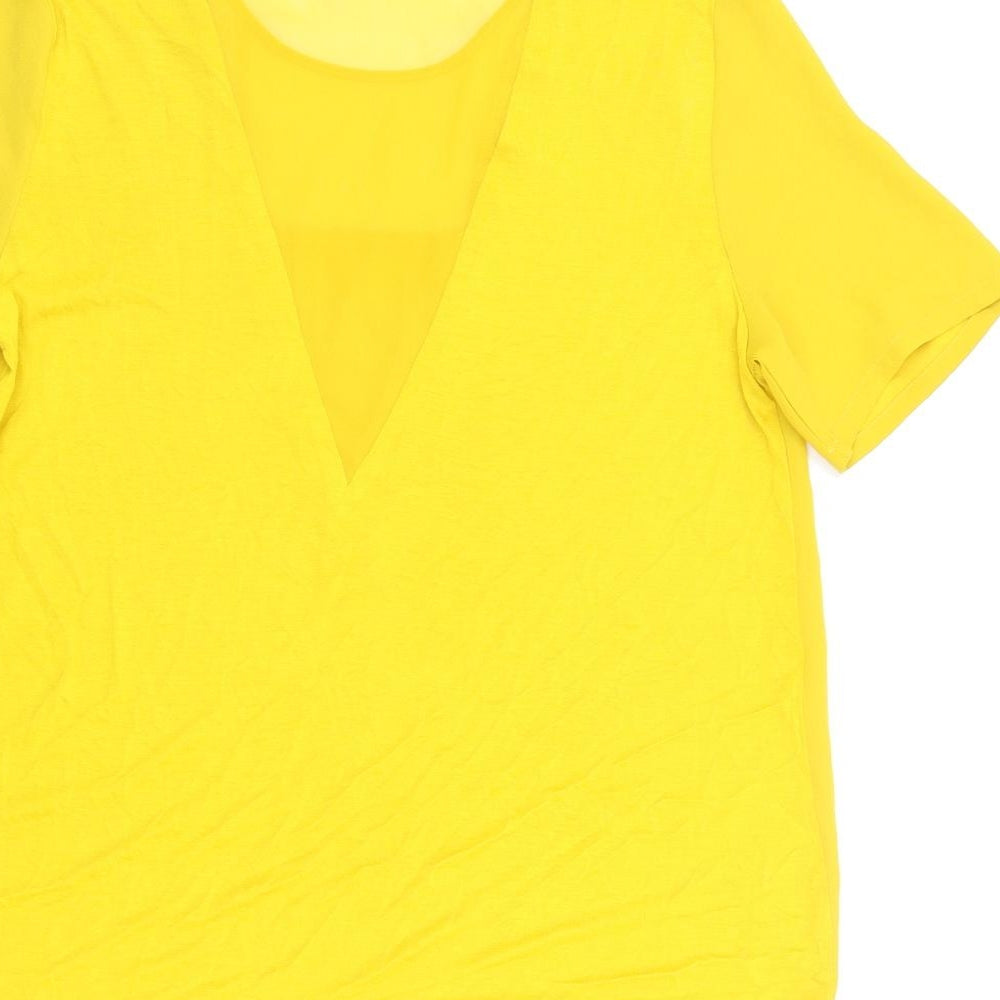 Warehouse Womens Yellow Viscose Basic T-Shirt Size 12 Roll Neck - Semi Sheer V Neck