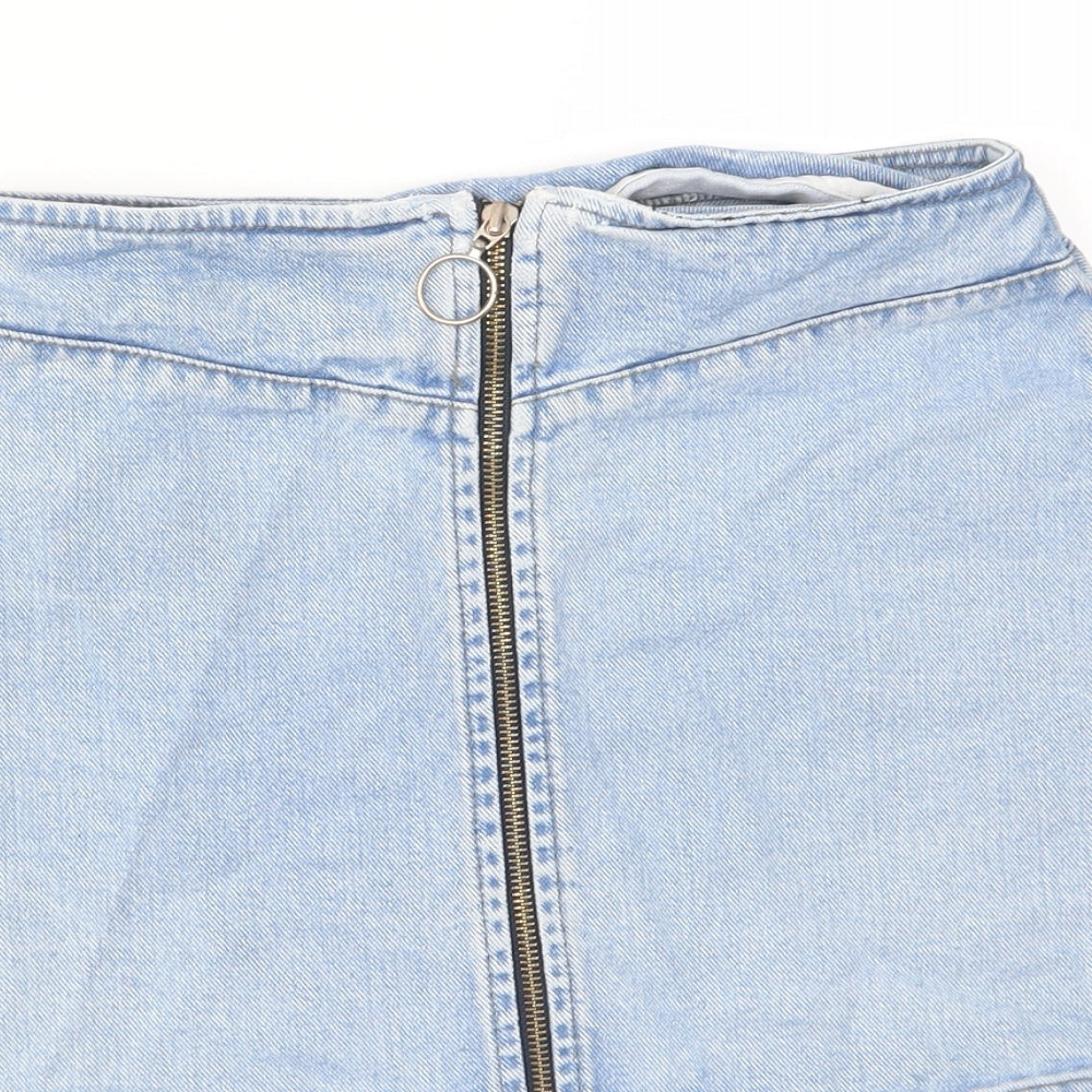 Brand and care label for ASOS women’s blue cotton a-line skirt, size UK 8, zip