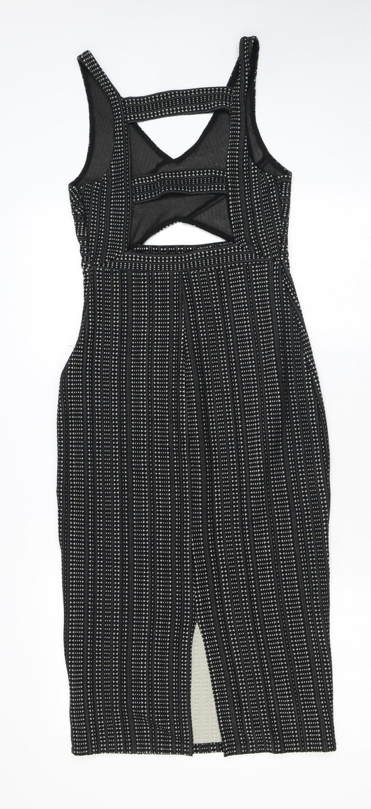 Ecote Womens Black Geometric Cotton Bodycon Size S V-Neck Zip - Cutout