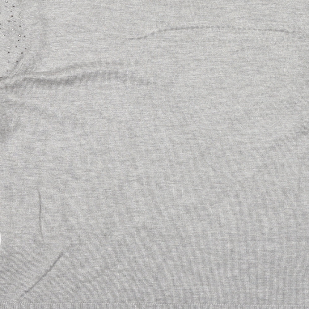 Warehouse Womens Grey Polyamide Jersey T-Shirt Size 10 Boat Neck - Gem Embellishments