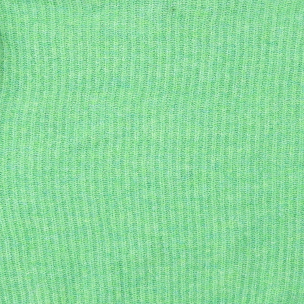 Brand and care label for ASOS women’s green crew neck polyester jumper, size UK 8