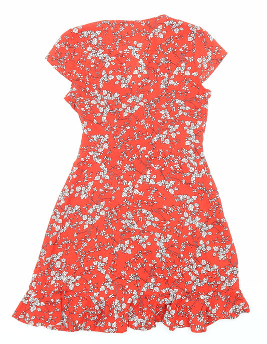 Stella Womens Red Floral Polyester Fit & Flare Size 8 V-Neck Pullover - Ruffle detail