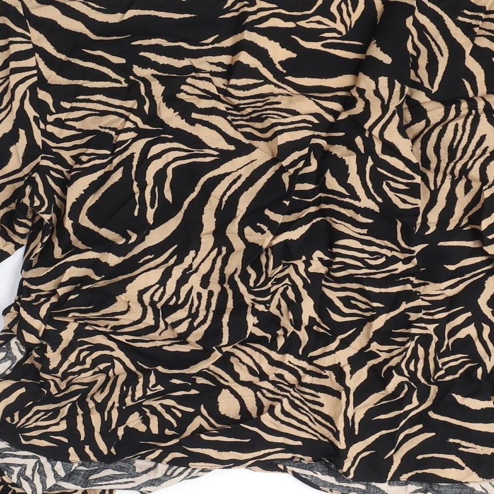 Brand and care label for Roman women’s black animal print viscose wrap blouse, size UK 14, v-neck - tiger print