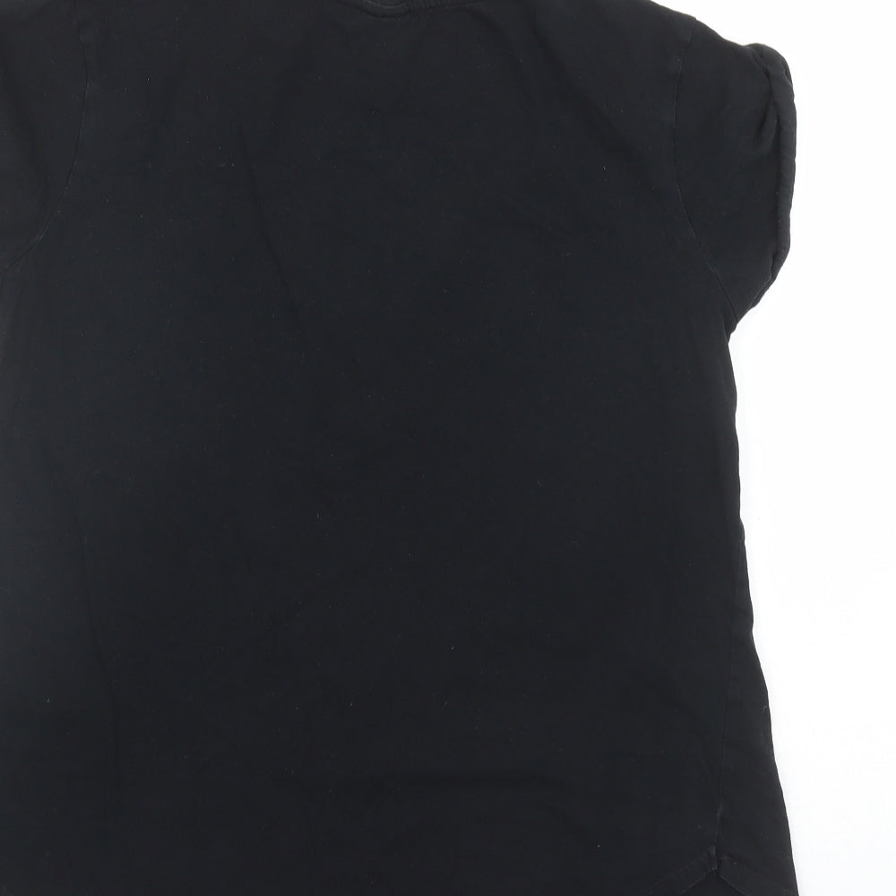 Brand and care label for ASOS women’s black polyester basic t-shirt, size UK 10, round neck