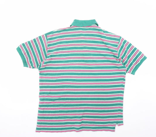Hawkshead Mens Green Striped Polyester Polo Size S Collared Button